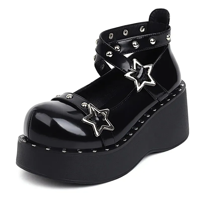 Black Glossy Studded Strappy Star Link Platform Wedge Heel Sneakers