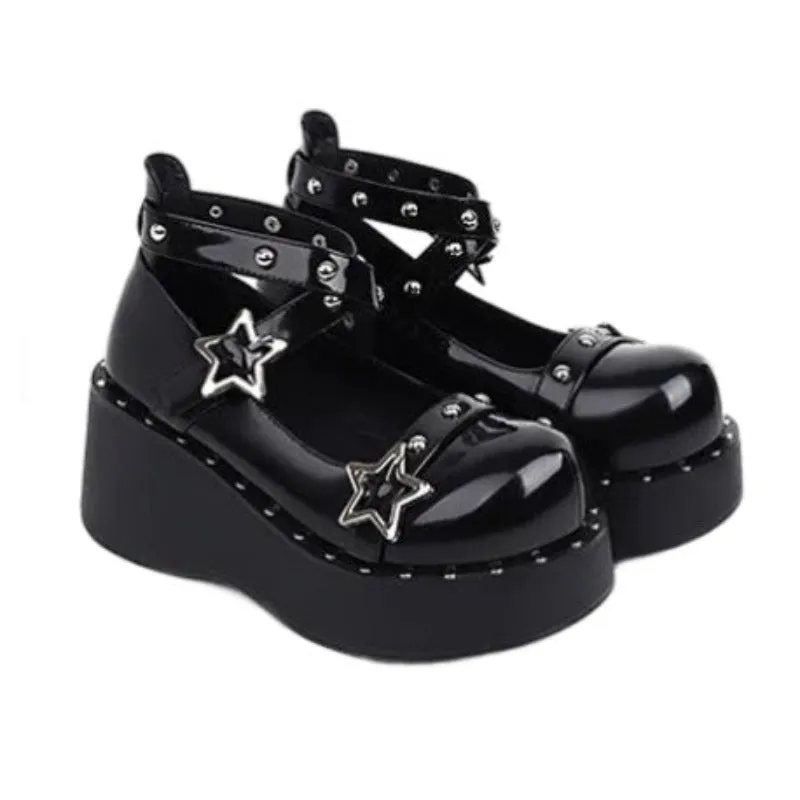 Black Glossy Studded Strappy Star Link Platform Wedge Heel Sneakers