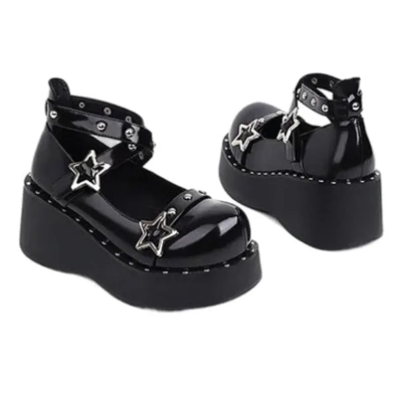 Black Glossy Studded Strappy Star Link Platform Wedge Heel Sneakers