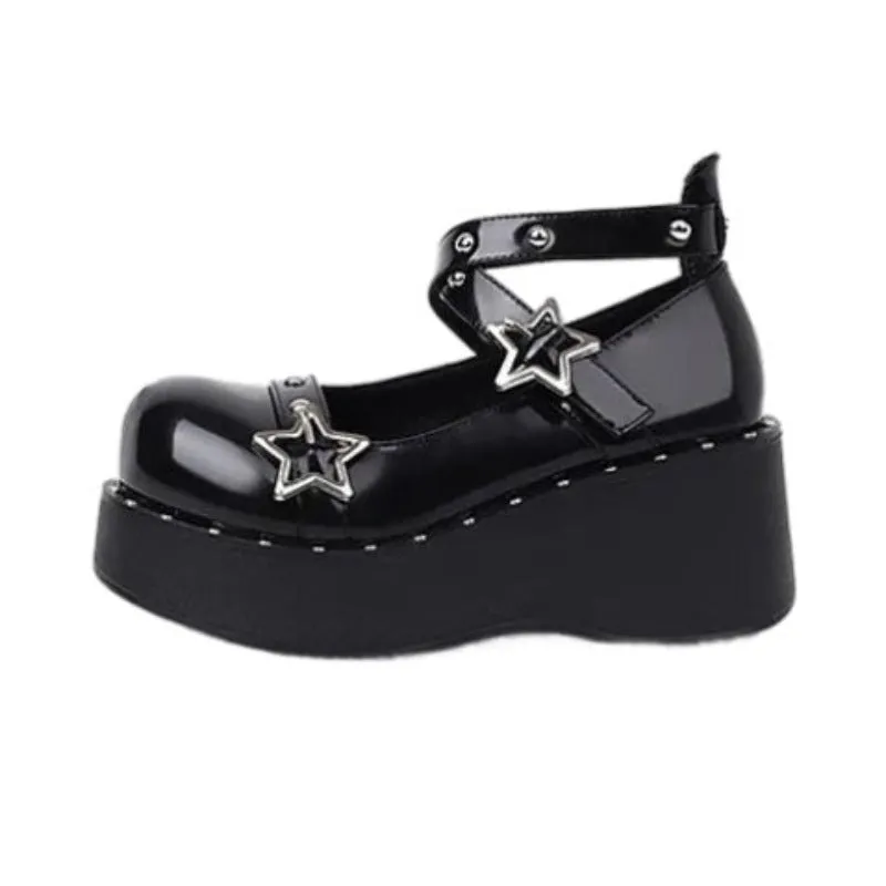 Black Glossy Studded Strappy Star Link Platform Wedge Heel Sneakers
