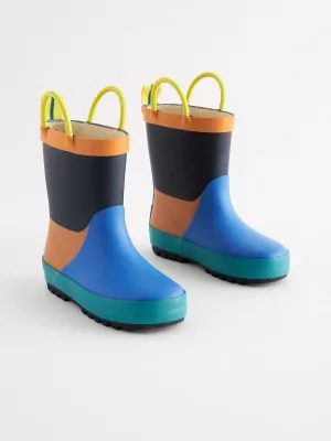 Blue/Orange Colourblock Handle Pull-On Wellies