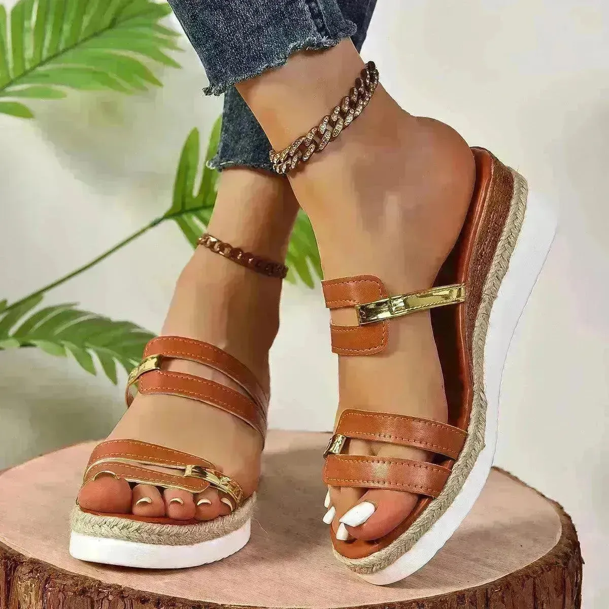 Colorblock-strap Wedges Sandals Summer Fashion Hemp Heel Slides Slippers Outdoor Thick Bottom Fish Mouth Shoes For Women