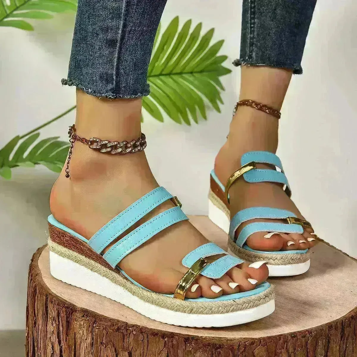 Colorblock-strap Wedges Sandals Summer Fashion Hemp Heel Slides Slippers Outdoor Thick Bottom Fish Mouth Shoes For Women