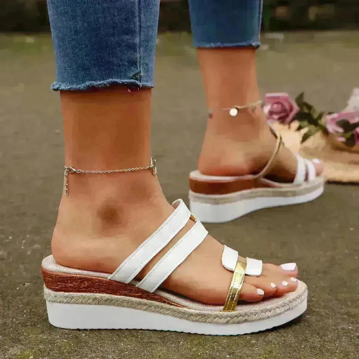 Colorblock-strap Wedges Sandals Summer Fashion Hemp Heel Slides Slippers Outdoor Thick Bottom Fish Mouth Shoes For Women