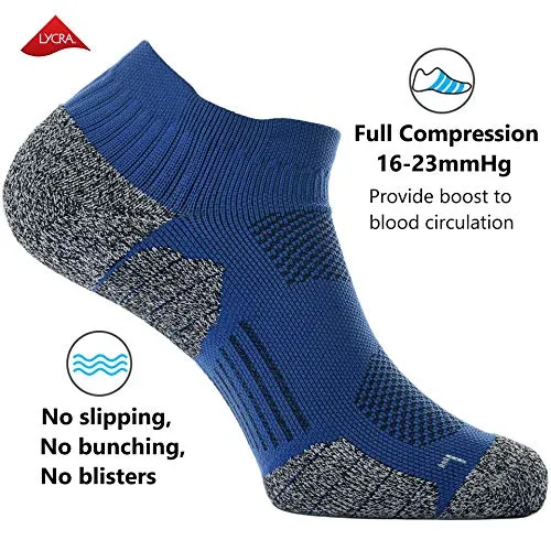 CWVLC Men's No-Show Running Socks 3-pairs Men Ankle Low Cut Compression Athletic Socks 16-23 mmhg Hiking Gym Arch-Support Anti-Blister Moisture-Wicking, Blue, XL (12-13 Men)