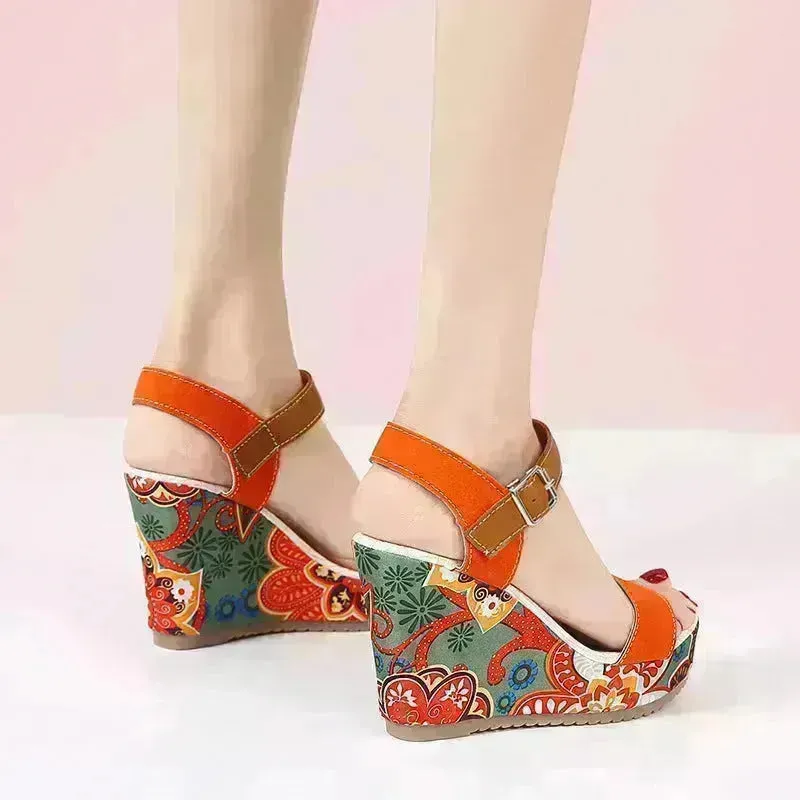 Fashion Flowers Embroidered High Wedge Sandals For Women Summer Toe Platform Buckle Shoes