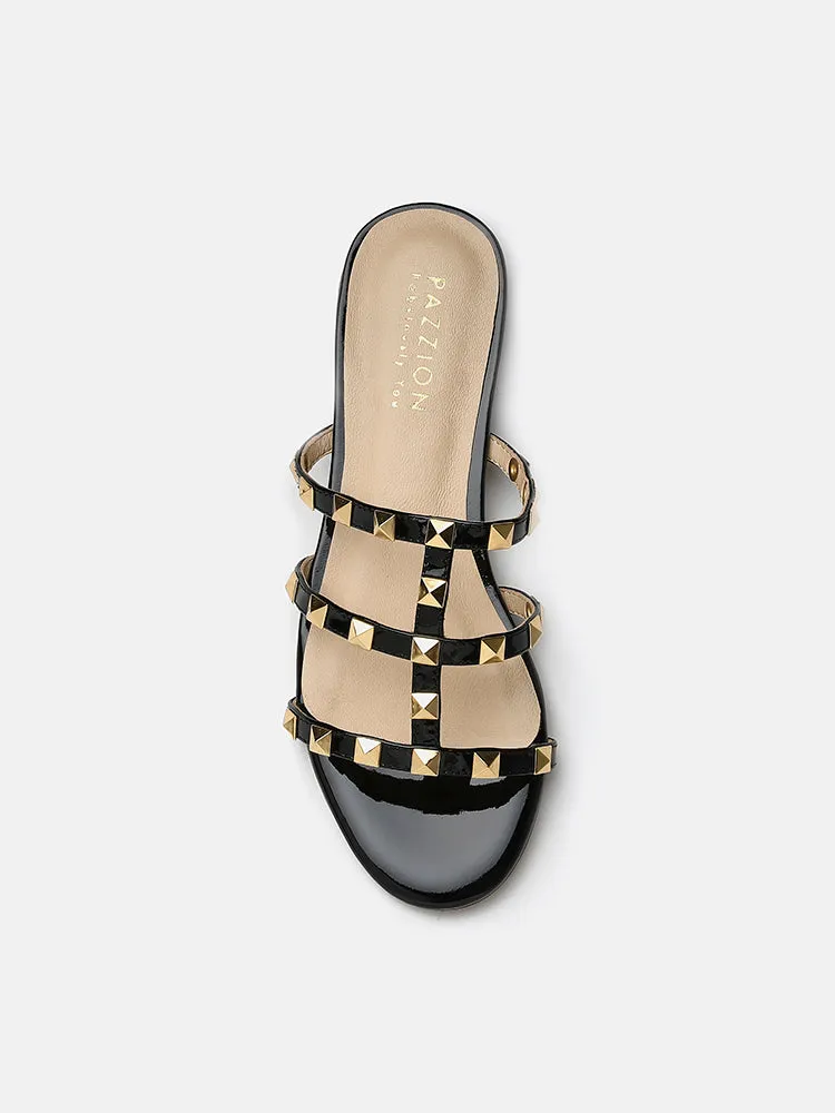 Ingrid Gold Studded Cage Patent Leather Slides