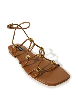 Lace-Up Flat Studded Sandal Cognac