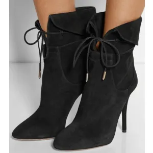Lace Up High Heel Suede Pointed Toe Calf Boots