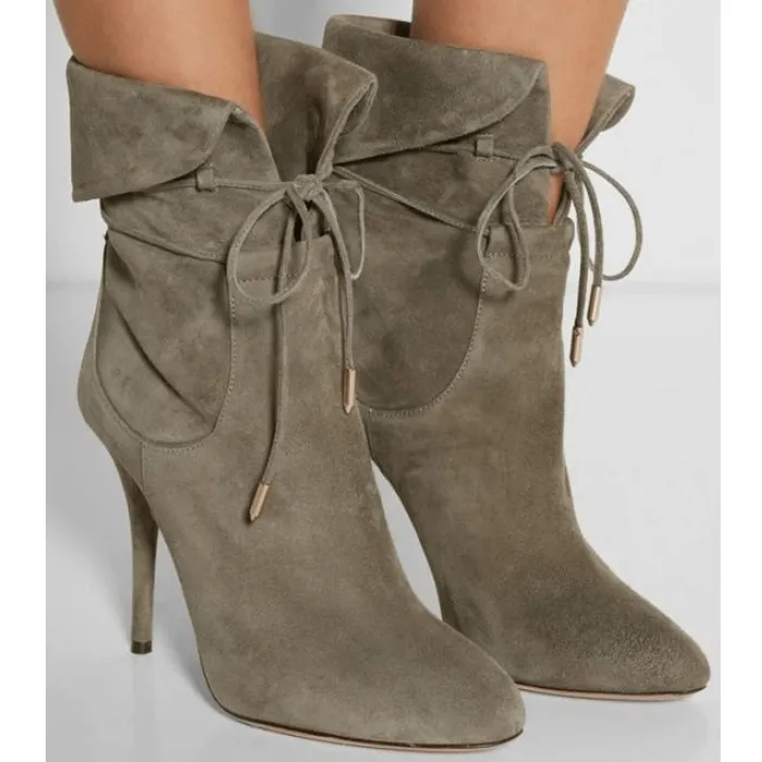 Lace Up High Heel Suede Pointed Toe Calf Boots