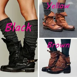 Leather Chunky Heel Buckle Round Toe Ankle Boots