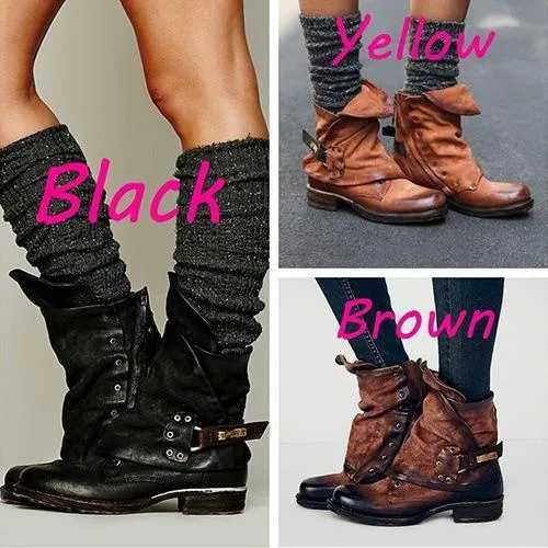 Leather Chunky Heel Buckle Round Toe Ankle Boots
