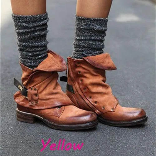 Leather Chunky Heel Buckle Round Toe Ankle Boots