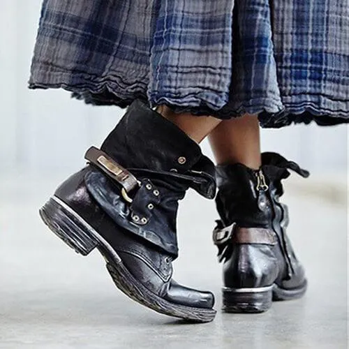 Leather Chunky Heel Buckle Round Toe Ankle Boots