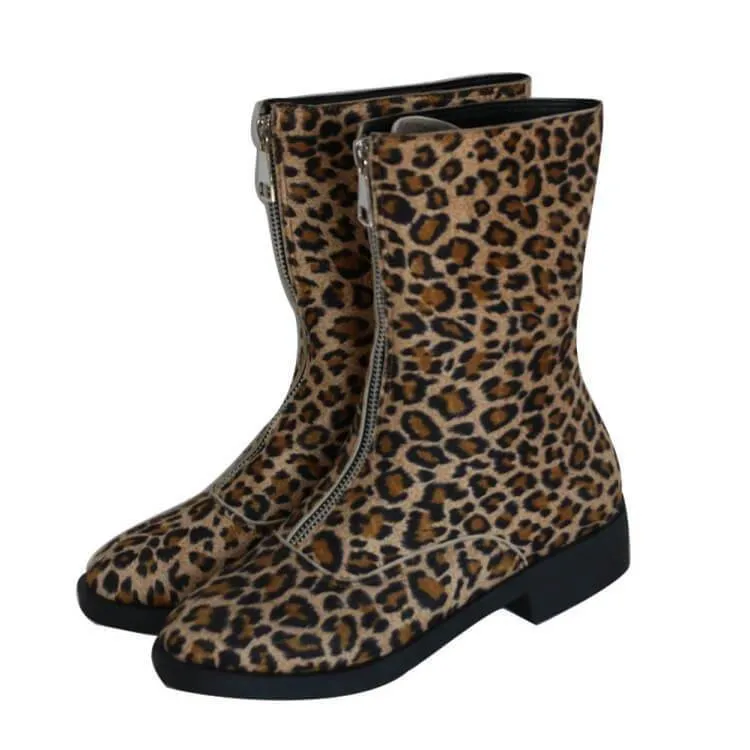 Leopard Print Low Heel Suede Zipper Calf Boots