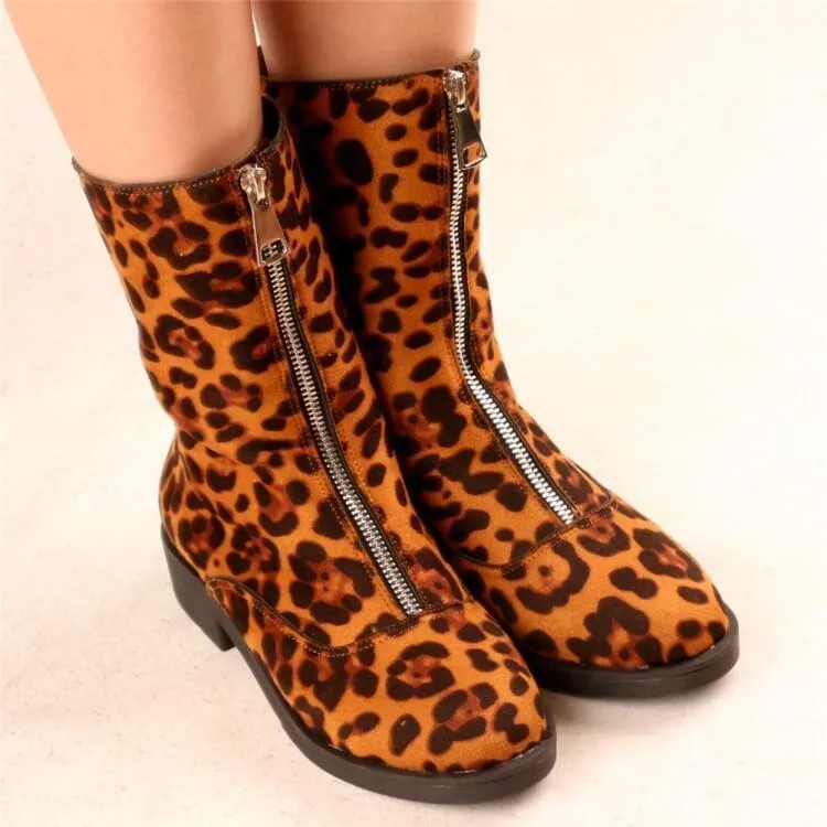 Leopard Print Low Heel Suede Zipper Calf Boots