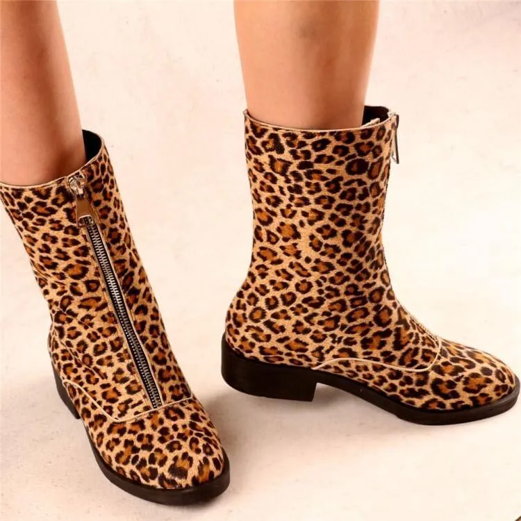 Leopard Print Low Heel Suede Zipper Calf Boots