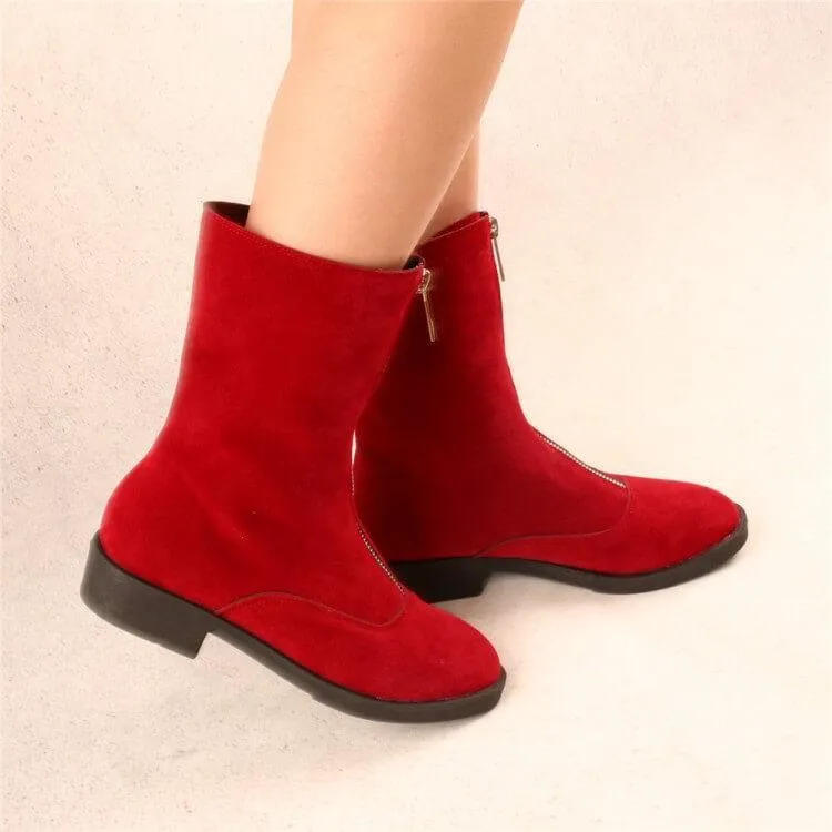 Leopard Print Low Heel Suede Zipper Calf Boots