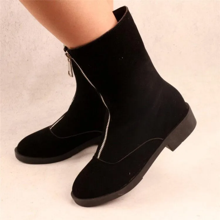 Leopard Print Low Heel Suede Zipper Calf Boots