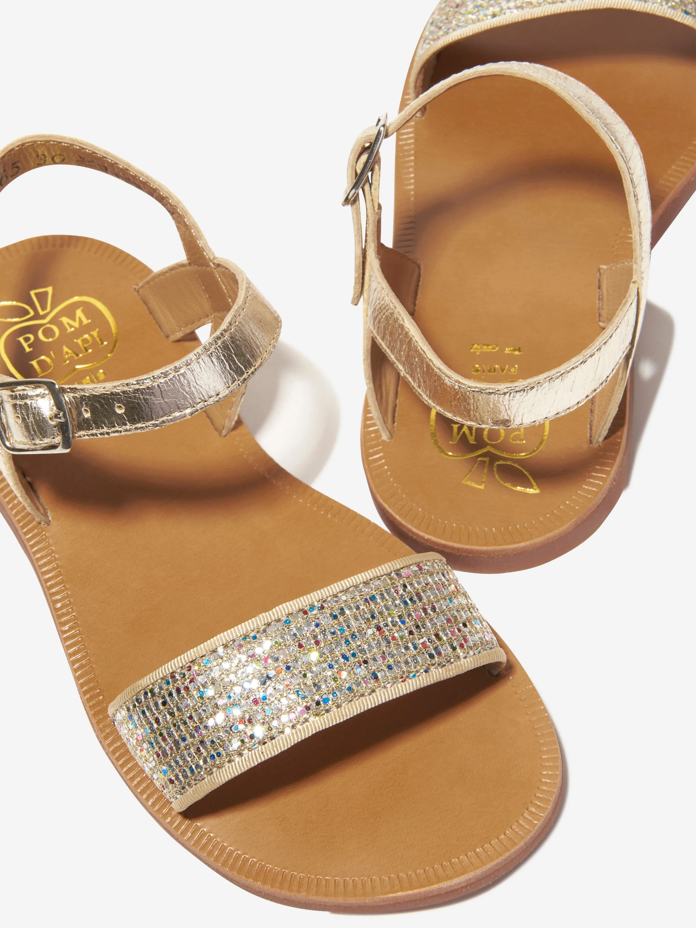 Pom D'Api Girls Leather Plagette Buckle Tao Sandals in Gold