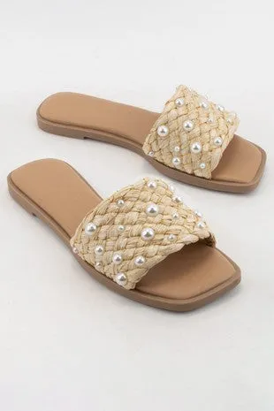 Raffia Pearl Studded Slide Sandal
